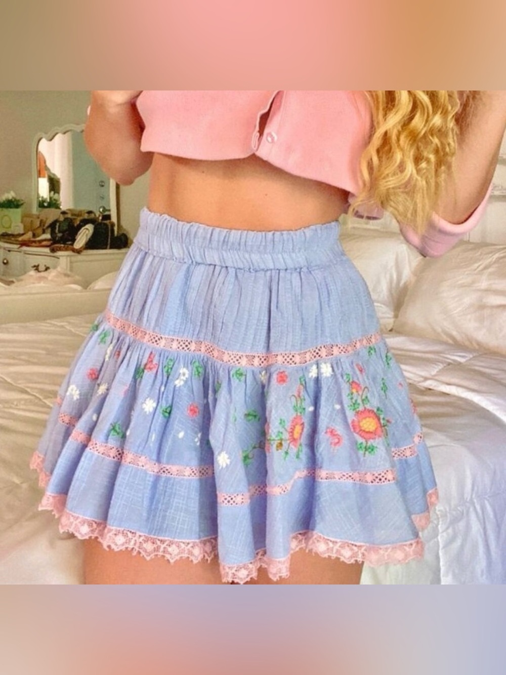 LoveShackFancy Light Blue Floral Embroidered Mini Skirt